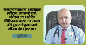 उच्च रक्तचाप भनेको ‘साइलेन्ट किलर’ हो, जोखिनुपर्छ : डा.अनिल भट्टराई उच्च रक्तचाप भनेको ‘साइलेन्ट किलर’ हो, जोखिनुपर्छ : डा.अनिल भट्टराई