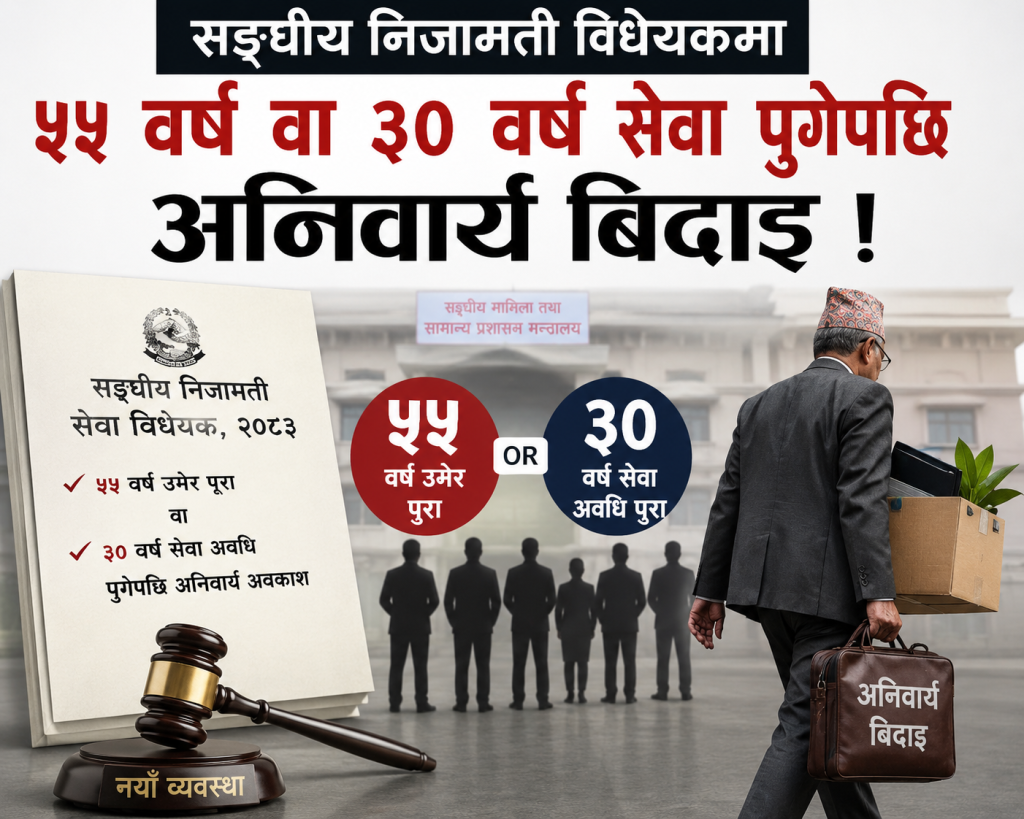 सङ्घीय निजामती विधेयकमा ५५ वर्ष वा ३० वर्ष सेवा पुगेपछि अनिवार्य बिदाइ !