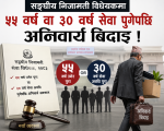 सङ्घीय निजामती विधेयकमा ५५ वर्ष वा ३० वर्ष सेवा पुगेपछि अनिवार्य बिदाइ ! सङ्घीय निजामती विधेयकमा ५५ वर्ष वा ३० वर्ष सेवा पुगेपछि अनिवार्य बिदाइ !
