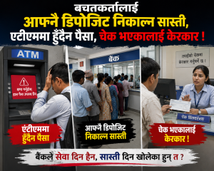 बचतकर्तालाई आफ्नै डिपोजिट निकाल्न सास्ती, एटीएममा हुँदैन पैसा, चेक भएकालाई केरकार ! बचतकर्तालाई आफ्नै डिपोजिट निकाल्न सास्ती, एटीएममा हुँदैन पैसा, चेक भएकालाई केरकार !
